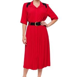 Vintage 80s Red Black Collared Belted Pleated Shoulder Pads Midi Dress size M